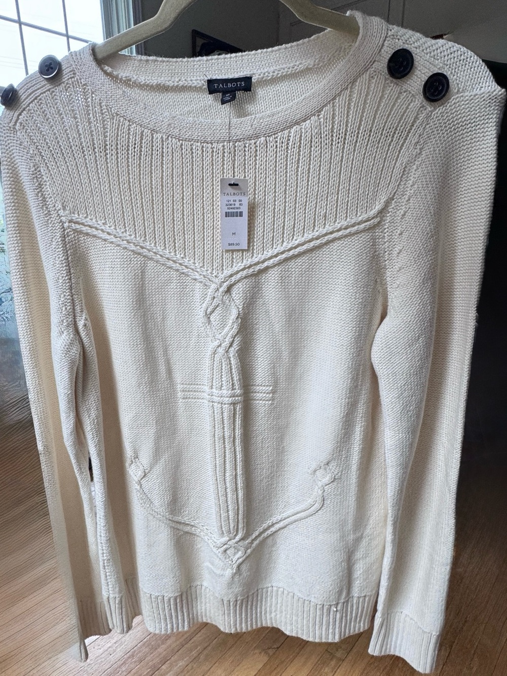 NWT Talbots Cable Ribbed-Yoke Knit Sweater Nautical Anchor Crewneck Cream sz M